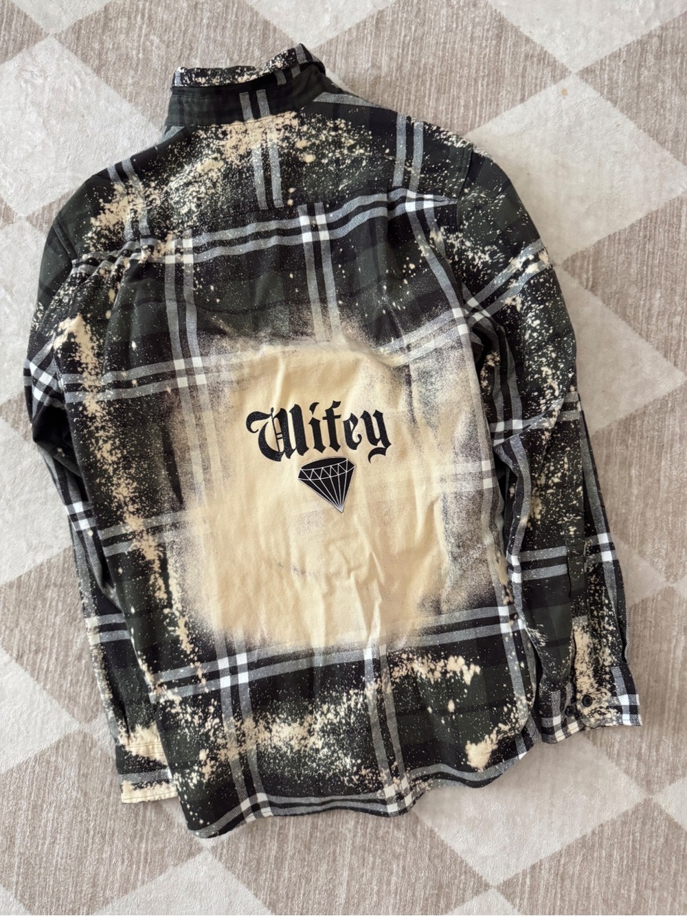 Black Plaid Bleached Flannel Shirt with 'Wifey' Graphic